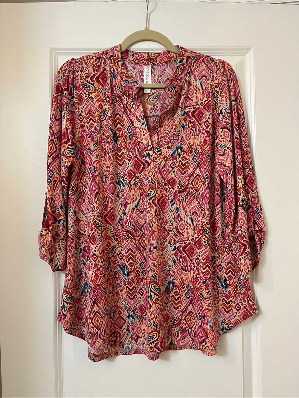 Patterned Pink Geometric Peasant Blouse